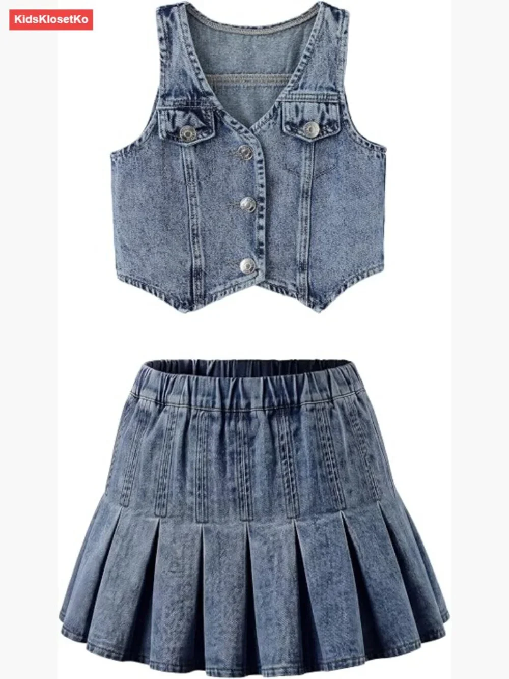 Girls Preppy Denim Vest & Pleated Skirt Set 2-Piece Outfit Soft Breathable